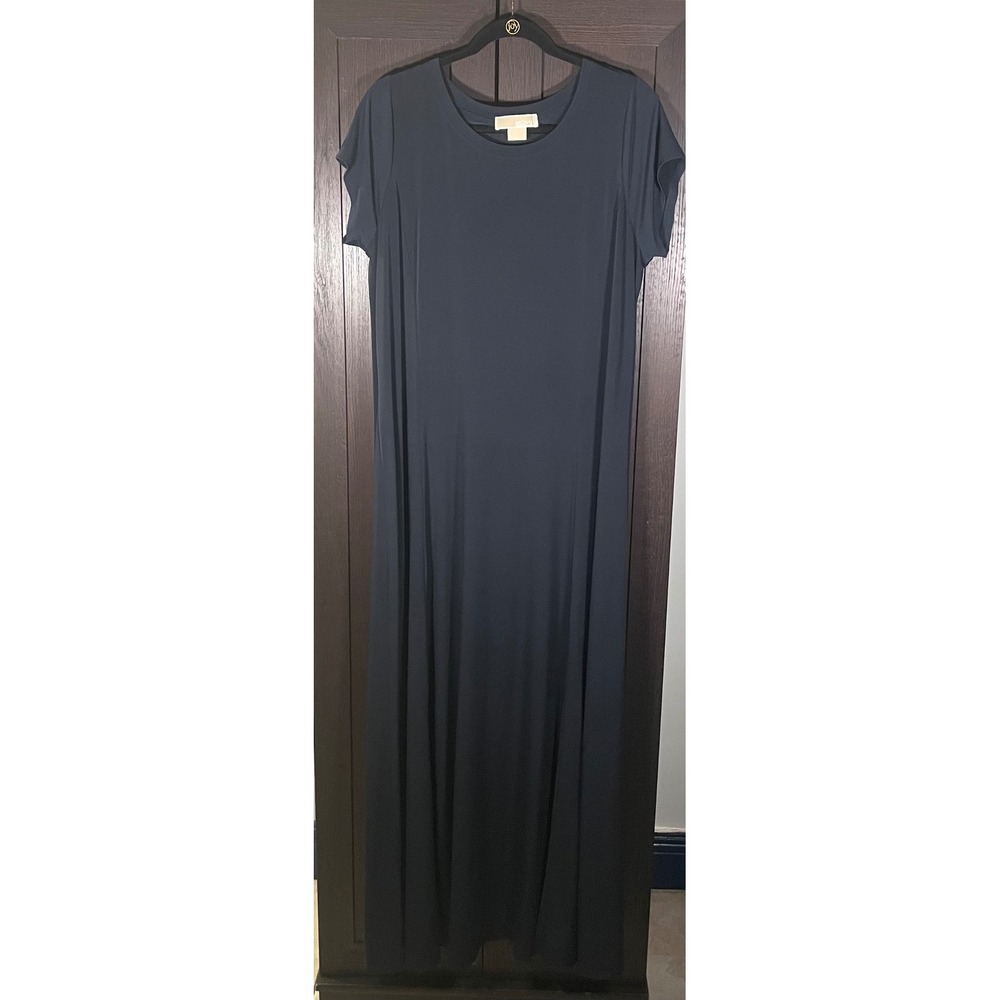 Michael Michael Kors Womens 1X Navy Blue Short Sleeve Side Slit Maxi Dress